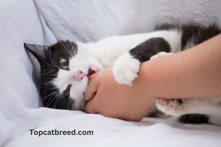 "Playful cat gently biting owner's hand, expressing affection through love bites during a bonding moment."