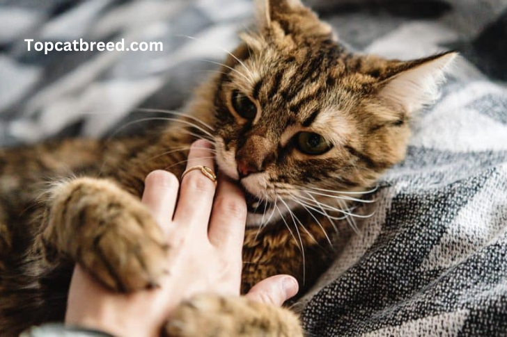 "Playful cat gently biting owner's hand, expressing affection through love bites during a bonding moment."