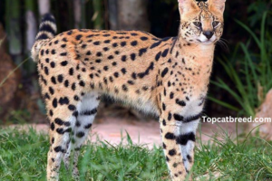 "Graceful Serval cat with distinctive spots and long legs, showcasing its wild beauty and agile stature in a captivating image."