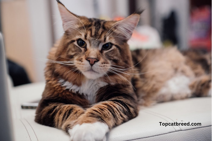 "Majestic Maine Coon cat with tufted ears and bushy tail, showcasing its impressive size and striking markings."