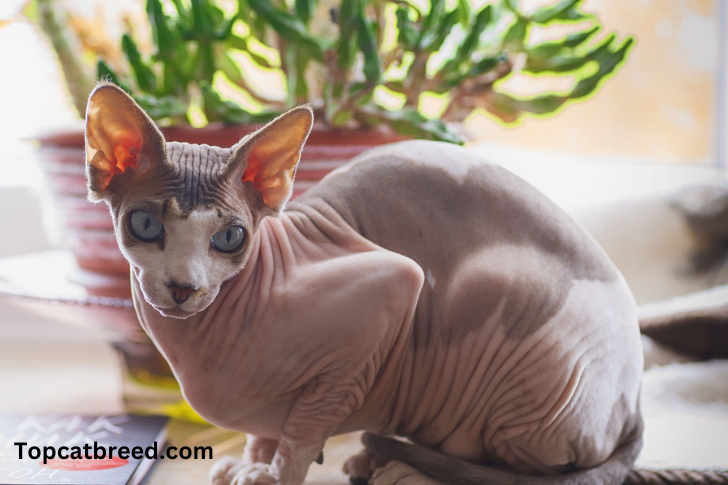 Sphynx cat with striking features, hairless coat, and captivating gaze."