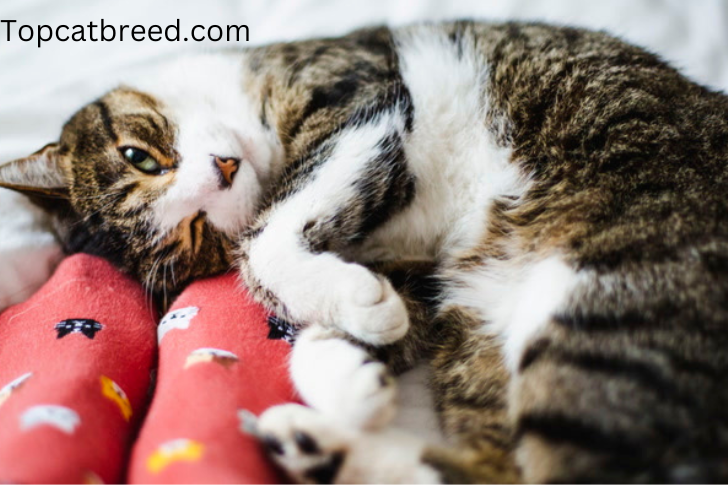 "Cute cat finding comfort in a restful slumber at its owner's feet."