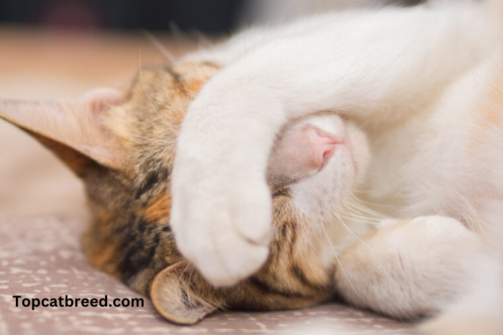 Feline friend enjoying a cozy nap with paws over its face." 