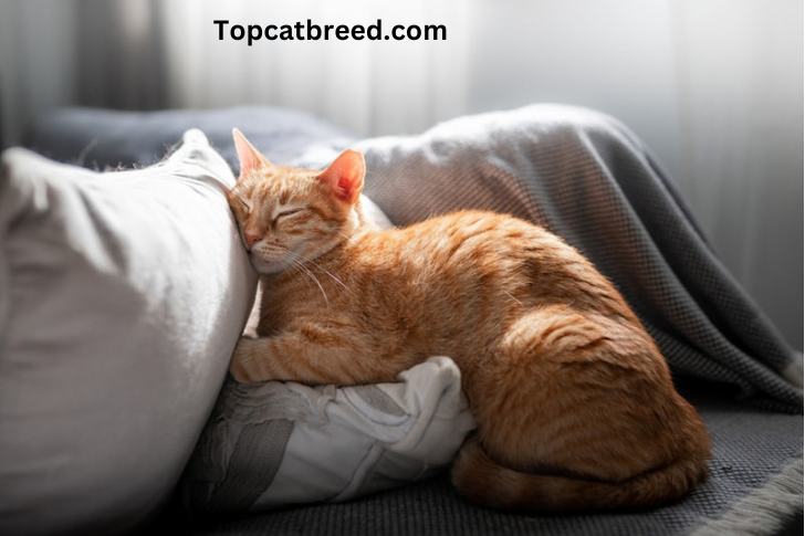 cat is sleeping on a soft pillow, all curled up with its paws under its chin."