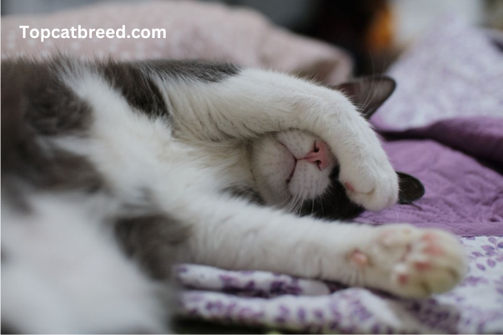 "Sleeping cat with paws covering its face."