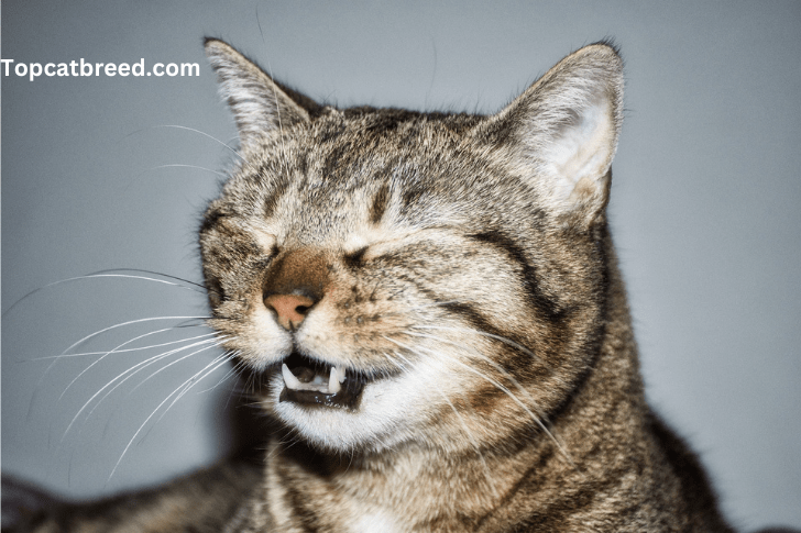 "A close-up image of a black and white cat sneezing, showing potential signs of illness or discomfort."

