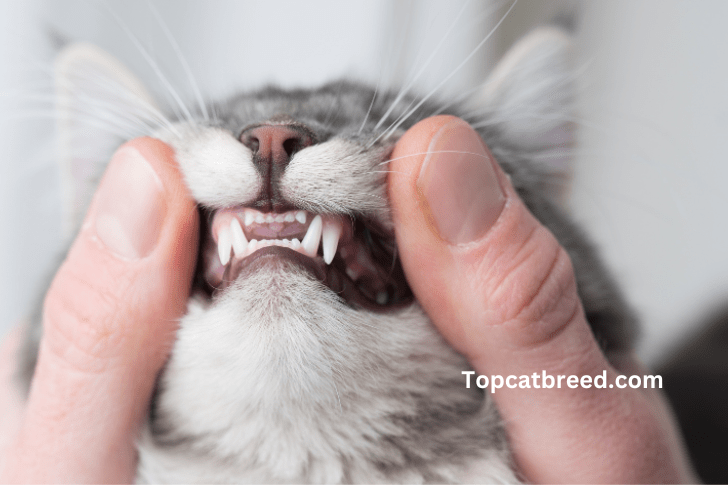  An image depicting a close-up of a cat's mouth, showing signs of dental issues such as tartar buildup, inflamed gums, and potential tooth decay.

