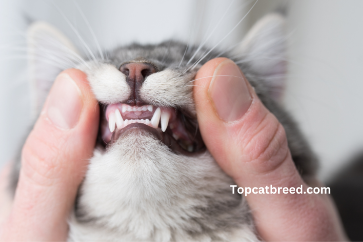  An image depicting a close-up of a cat's mouth, showing signs of dental issues such as tartar buildup, inflamed gums, and potential tooth decay.